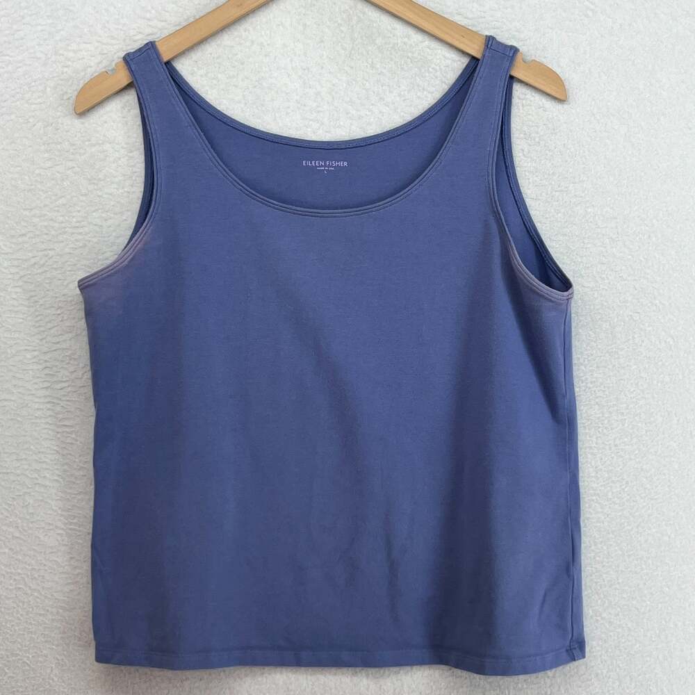 EILEEN FISHER Tank Top L Stretch Organic Cotton Jersey Scoop Neck Blue USA